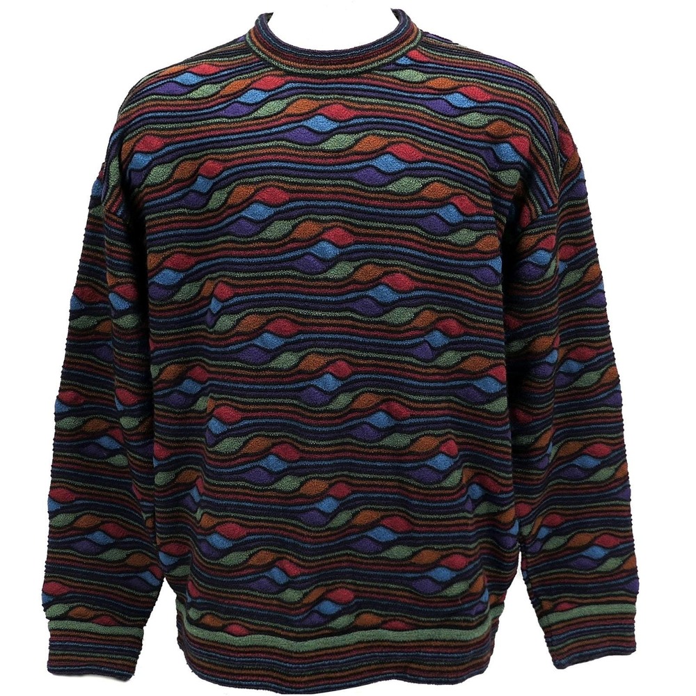 VTG Jhane Barnes Mens Sweater XL Multi Color 3D Textured Knit Wool Italian Made